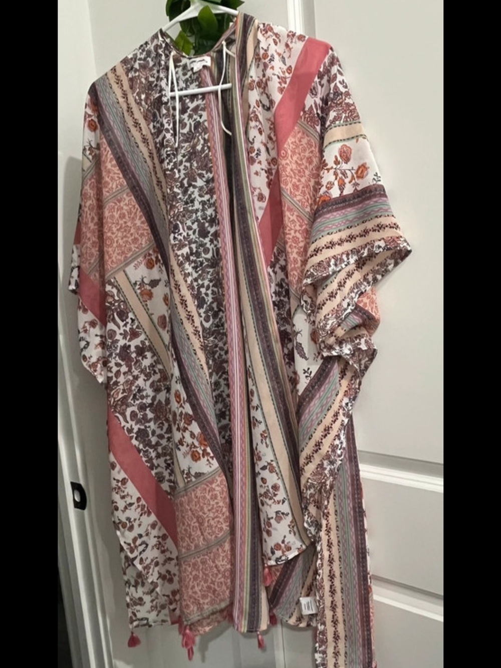 Ultra Pink Boho Floral Stripe Kimono in Pink and Cream